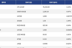 [시총 톱 코인 10] 비트코인 1.23% 하락... 이더리움 0.47% 하락, 리플 1.44% 하락