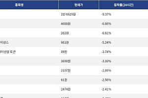[하락 코인 10] 딕시 -9.37% 급락, 밈코어 -6.66% 하락