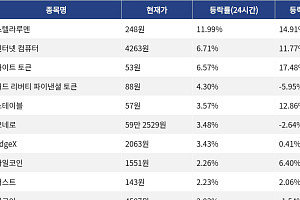 [상승 코인 10] 스텔라루멘 11.99% 상승, 인터넷 컴퓨터 6.71% 강세