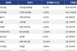 [거래량 톱 코인 10] 비트코인 9763만 6098원, 이더리움 270만 8269원