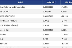 [신규 코인 톱10] Baby Asteroid 47.64% 상승, NINEHOOD 8.59% 상승