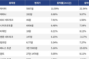 [코인시황] 라이터 11.59% 상승, 에어로드롬 파이낸스 7.75% 하락