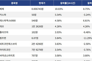 [코인시황] 페페 10.03% 상승, 베니스 토큰 7.08% 하락