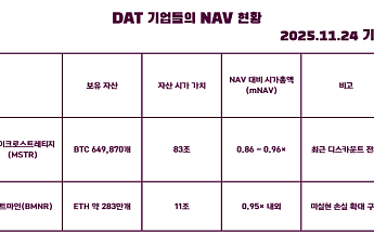 DAT 기업 NAV 프리미엄 붕괴… ‘디스카운트 구간’ 진입