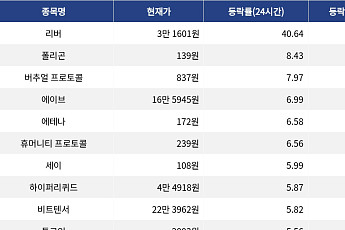 [상승 코인 10] 리버 40.64% 상승, 폴리곤·버추얼 프로토콜 강세
