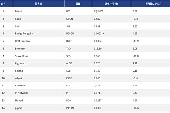 [인기 검색 코인 톱15] 비트코인·이더리움 강세 속 AI와 밈 코인으로 관심 확산