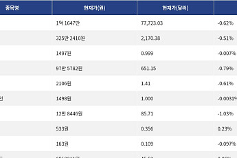 [시총 톱 코인 10] 비트코인 -0.62% 하락... 이더리움 -0.51% 하락, 리플 -0.61% 하락