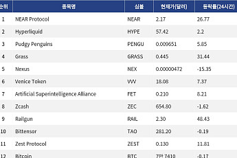 [인기 검색 코인 톱15] AI·디파이·프라이버시로 쏠린 관심…NEAR·Hyperliquid·Zcash 부각