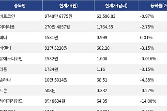 [시총 톱 코인 10] 비트코인 -0.97% 하락... 이더리움 -2.75% 하락, 리플 -3.15% 하락