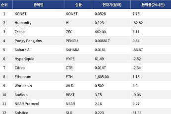 [인기 검색 코인 톱15] 휴머니티 급락 속 이더리움·하이퍼리퀴드로 쏠린 시선