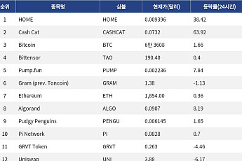 [인기 검색 코인 톱15] Cash Cat 63%·HOME 38% 급등…밈코인·신규 상장주에 관심 집중