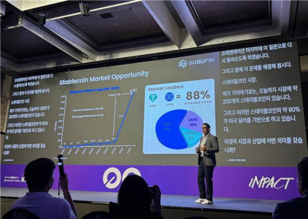 ▲그루핀은 23일 워커힐 호텔에서 열린 ‘KBW 2025’에서 각각의 Layer-1 체인인 거버넌스체인(Gurufin Chain)과 스테이블코인체인(Gx Stablecoin Chain)을 동시에 공개하고, 두 체인을 유기적으로 결합해 스테이블 전용 Layer-1 메인넷으로 설계한 'GX 체인'을 내놨다. (사진=그루핀)