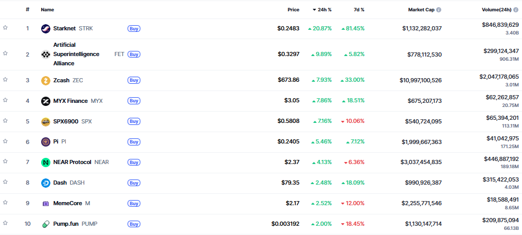 ▲시가총액 TOP 100 가상자산 중 상승률 TOP 10 가상자산 정보 (사진제공=CoinMarketCap)