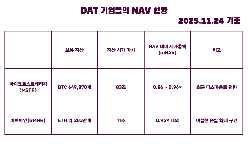 ▲DAT 기업들의 NAV 현황 (손기현 기자)