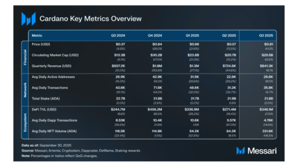▲카르다노(ADA) 핵심 지표 개요 (출처=메사리(Messari))