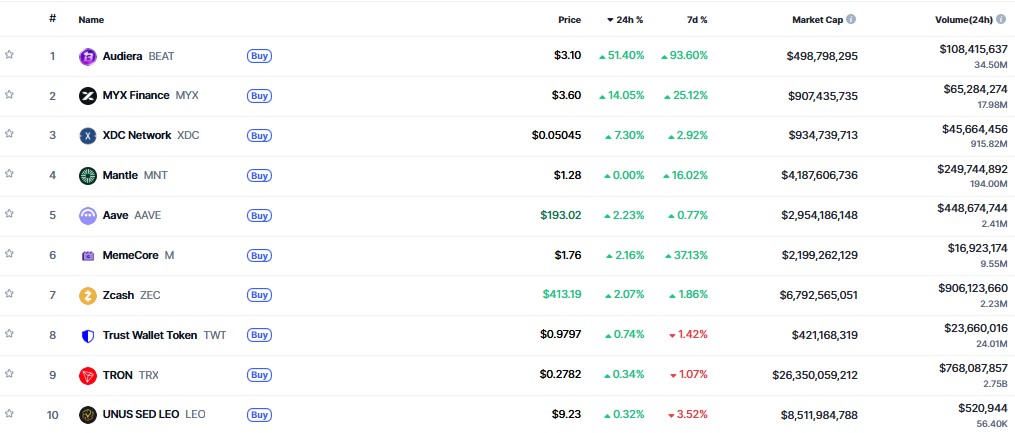 ▲시가총액 TOP 100 가상자산 중 상승률 TOP 10 가상자산 정보 (사진제공=CoinMarketCap)
