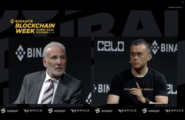 ▲4일(현지시간) 두바이에서 열린 ‘바이낸스 블록체인 위크 2025’에서 비트코인과 토큰화 금의 가치를 주제로 토론하고 있다.(피터 시프(왼쪽)와 창펑자오(CZ)) (사진 제공: 바이낸스 스퀘어 공식 / BBW 2025 라이브스트림 캡처)