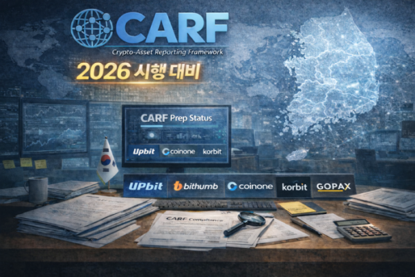 ▲내년 1월 시행되는 ‘암호화자산정보 자동교환 이행규정(CARF)’에 대비해 국내 주요 가상자산 거래소들이 고객 확인·정보 보고 체계 정비를 준비하고 있음을 표현한 이미지 (챗GPT)