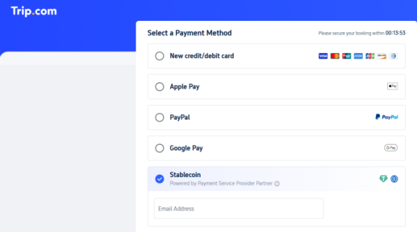 ▲트립닷컴 결제 화면에서 카드·전자결제 수단과 함께 스테이블코인이 정식 결제 옵션으로 제공되고 있다 (출처=트립닷컴(Trip.com))