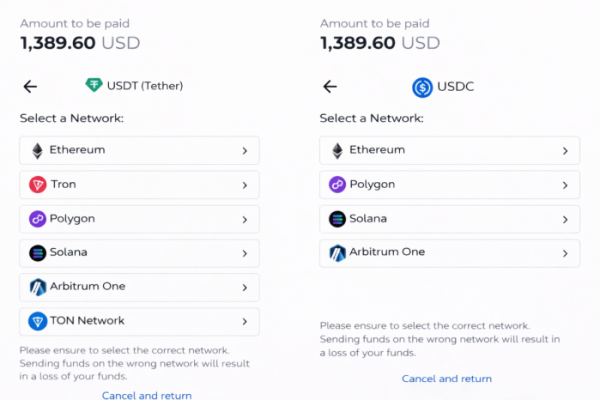 ▲트립닷컴 스테이블코인 결제 과정에서 테더(USDT)와 써클(USDC)가 서로 다른 블록체인 네트워크 지원 범위로 구분돼 제공되고 있다 (출처=트립닷컴(Trip.com))