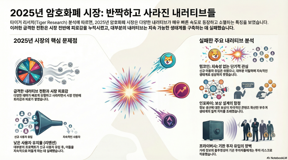 ▲2025년 암호화폐 시장은 빠른 내러티브 전환 속에서 밈코인·인포파이 등 다수의 흐름이 단기 소모에 그쳤으며, 낮은 사용자 유지율과 구조 부재가 한계로 지적됐다. (구글 노트북LM)