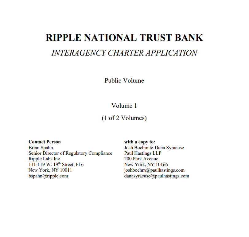 ▲리플이 미국 통화감독청에 제출한 ‘Ripple National Trust Bank’ 연방 인가 신청서 공개본 표지 (미국 통화감독청(OCC))
