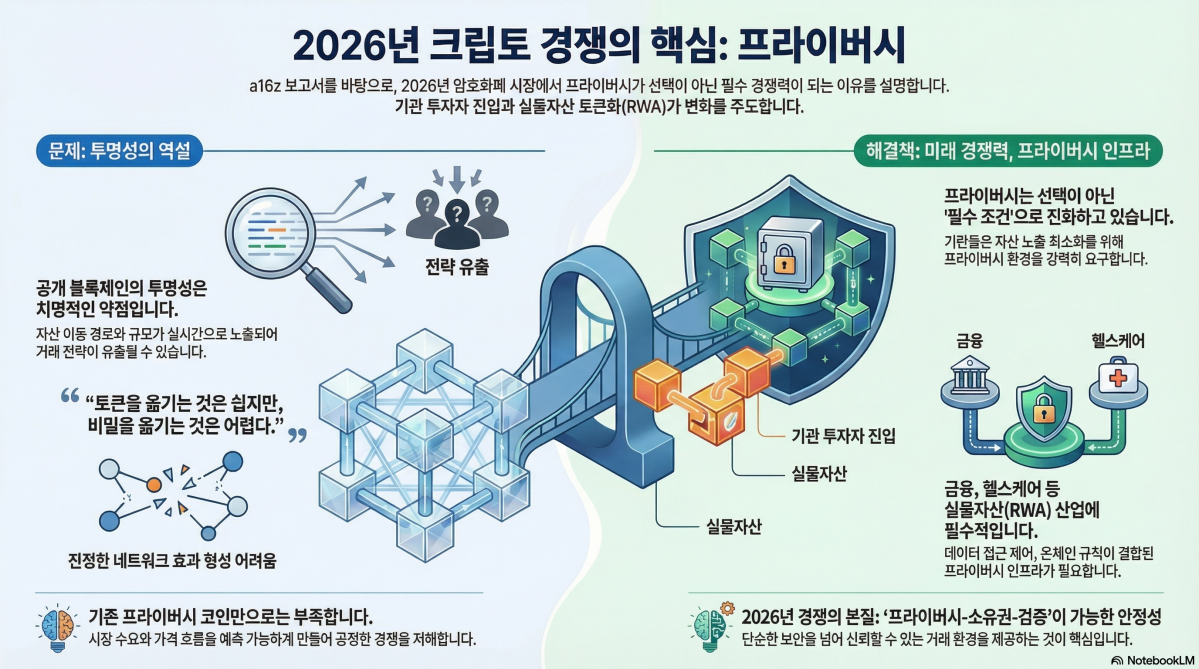 ▲기관투자가의 가상자산 시장 진입이 확대되면서, 블록체인의 투명성보다 자산 보호를 위한 프라이버시 인프라가 핵심 경쟁력으로 부상하고 있다 (구글 노트북LM)