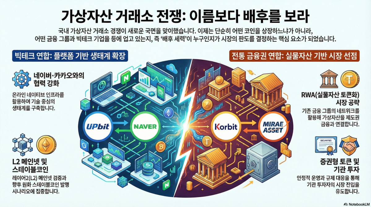 ▲국내 가상자산 거래소 경쟁이 상장·거래량 중심에서 벗어나, 빅테크(네이버)와 전통 금융그룹(미래에셋)을 배후로 한 체인·RWA 전략 경쟁으로 재편되고 있음을 시각화한 이미지 (구글 노트북LM)