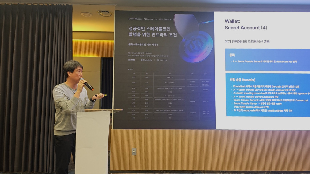 ▲원화 스테이블코인 테크 세미나에서 위메이드 블록체인개발센터 손우상 팀장이 ‘StableNet이 지향하는 스테이블코인’을 주제로 발표하고 있다. (손기현 기자)