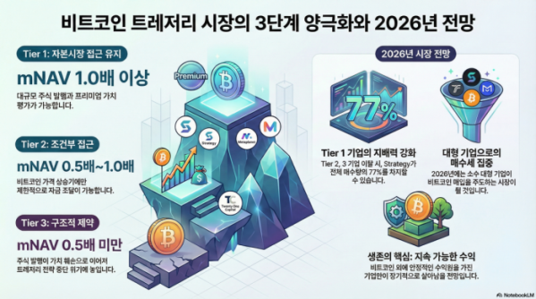 ▲비트코인 보유 기업의 자본시장 접근성은 mNAV 수준에 따라 3단계로 양극화되고 있다 (구글 노트북LM)