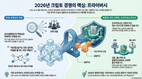 ▲기관투자가의 가상자산 시장 진입이 확대되면서, 블록체인의 투명성보다 자산 보호를 위한 프라이버시 인프라가 핵심 경쟁력으로 부상하고 있다 (구글 노트북LM)