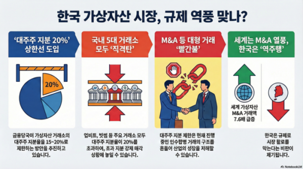 ▲가상자산거래소 지배구조 규제 검토에 업계 반발…“M&A·산업 성장 위축” (구글 노트북LM)