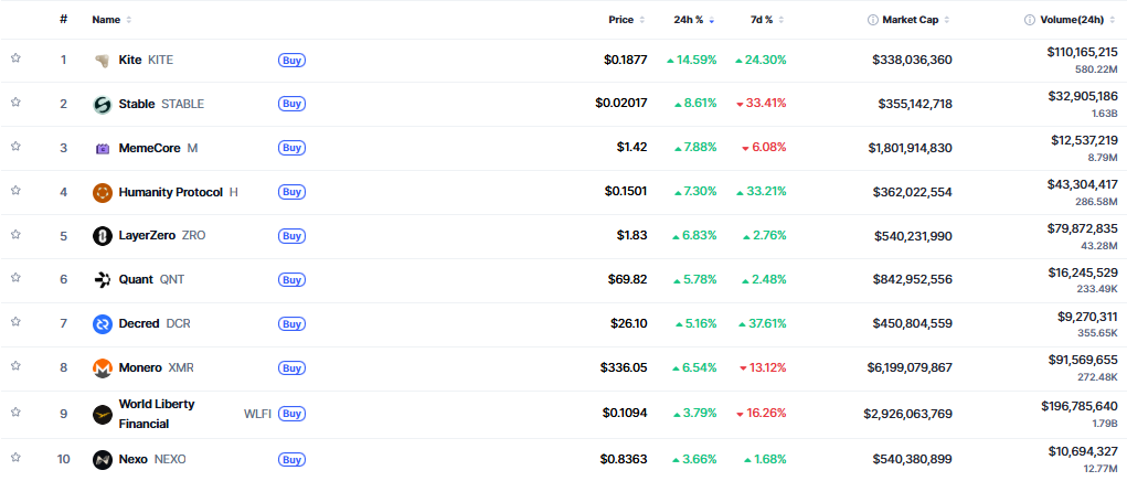 ▲시가총액 TOP 100 가상자산 중 상승률 TOP 10 가상자산 정보 (사진제공=CoinMarketCap)