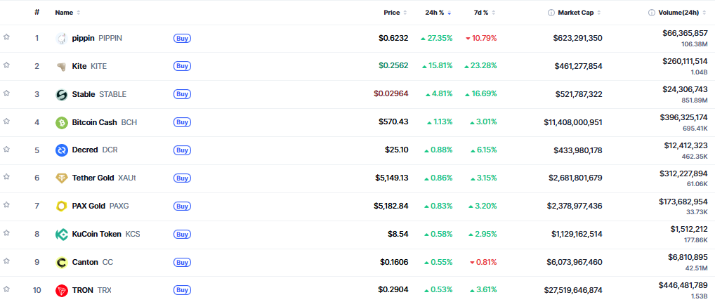 ▲시가총액 TOP 100 가상자산 중 상승률 TOP 10 가상자산 정보 (사진제공=CoinMarketCap)