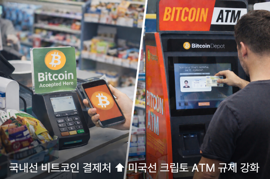 ▲비트코인 결제 가맹점(왼쪽) 확산과 미국 크립토 ATM의 신원확인(ID) 의무화(오른쪽) 강화 흐름을 대비한 이미지 (챗GPT)