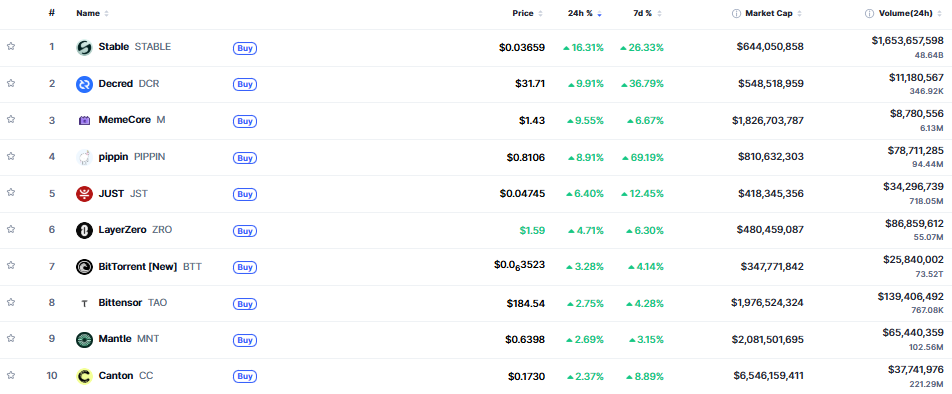 ▲시가총액 TOP 100 가상자산 중 상승률 TOP 10 가상자산 정보 (사진제공=CoinMarketCap)