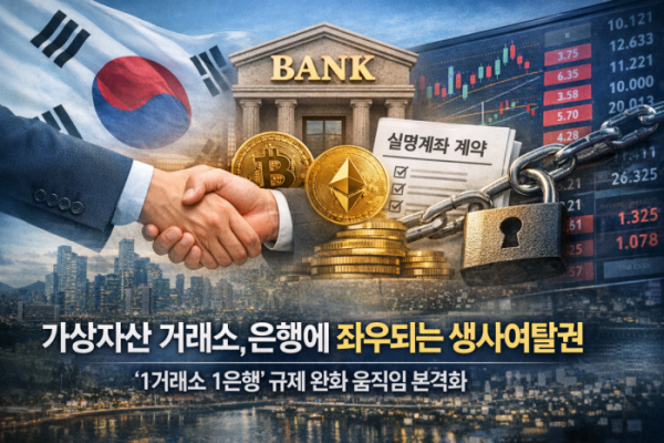 ▲실명계좌 제도를 축으로 국내 가상자산 거래소의 사업 확장과 존속 여부가 은행의 판단에 크게 좌우되는 구조를 시각화한 이미지 (챗GPT)