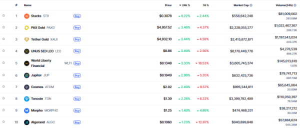 ▲시가총액 TOP 100 가상자산 중 상승률 TOP 10 가상자산 정보 (사진제공=CoinMarketCap)