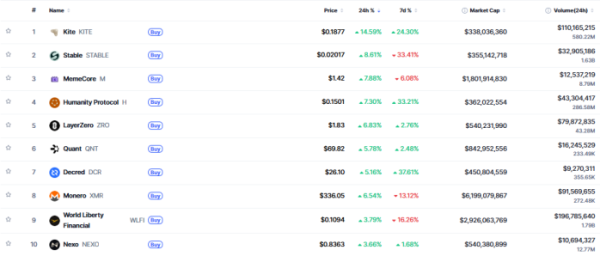 ▲시가총액 TOP 100 가상자산 중 상승률 TOP 10 가상자산 정보 (사진제공=CoinMarketCap)