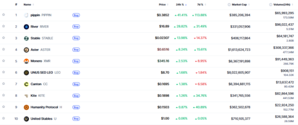 ▲시가총액 TOP 100 가상자산 중 상승률 TOP 10 가상자산 정보 (사진제공=CoinMarketCap)