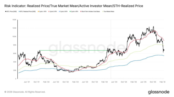 ▲글래스노드 ‘리스크 지표’. 비트코인 가격이 핵심 온체인 기준선(True Market Mean) 아래로 내려온 흐름을 보여준다. (출처=Glassnode)