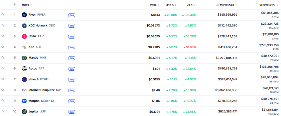 ▲시가총액 TOP 100 가상자산 중 상승률 TOP 10 가상자산 정보 (사진제공=CoinMarketCap)
