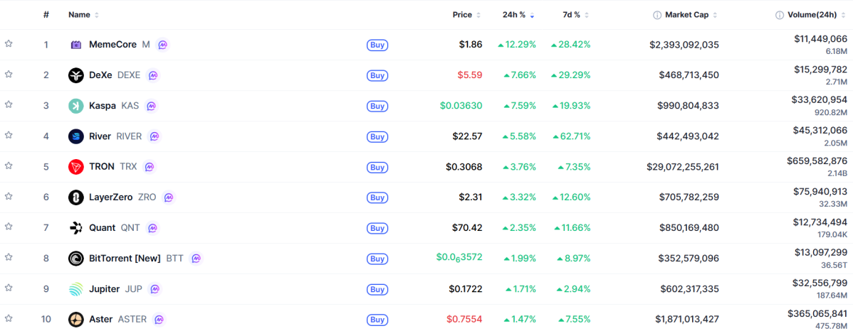 ▲시가총액 TOP 100 가상자산 중 상승률 TOP 10 가상자산 정보 (사진제공=CoinMarketCap)