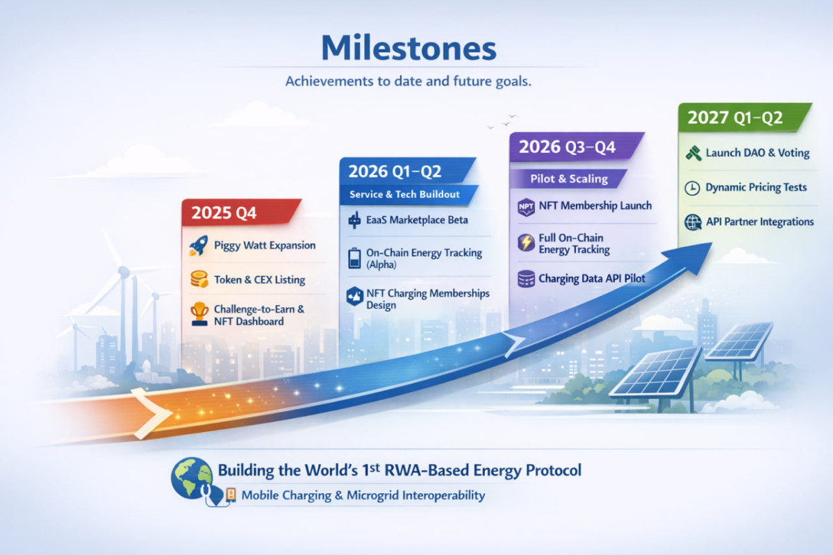 ▲피기셀이 제시한 웹3·에너지 플랫폼 확장 로드맵. 2025년 4분기 토큰 생성 이벤트(TGE)와 상장, NFT 대시보드·챌린지 투 언(Challenge-to-Earn) 출시를 시작으로, 2026년에는 에너지 서비스형 마켓플레이스(EaaS), 온체인 에너지 추적, NFT 기반 충전 멤버십 등을 단계적으로 도입한다는 구상이다. 2027년에는 DAO형 거버넌스, 외부 API 연동, 수요 예측 기반 동적 요금제 실험까지 추진해 모바일 충전·마이크로그리드 상호운용성을 갖춘 RWA 기반 에너지 프로토콜로 진화하겠다는 목표를 담고 있다. (피기셀 제공 자료 및 챗GPT 재구성)