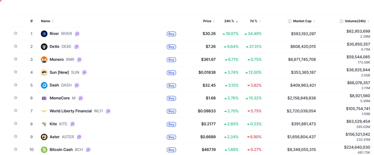 ▲시가총액 TOP 100 가상자산 중 상승률 TOP 10 가상자산 정보 (사진제공=CoinMarketCap)