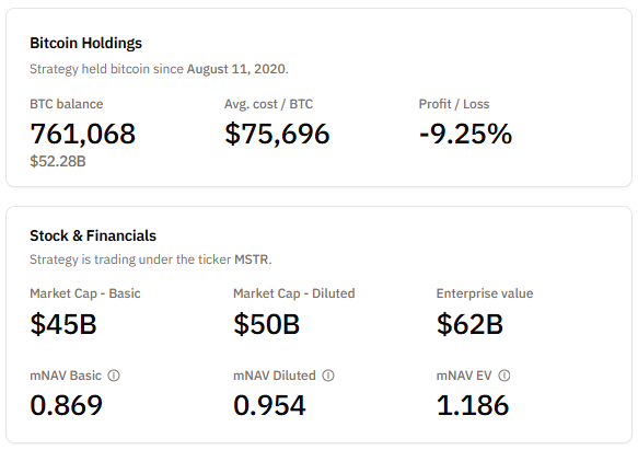 ▲스트래티지 비트코인 보유 및 재무 지표 화면 (출처=비트코인트레저리스(BitcoinTreasuries))