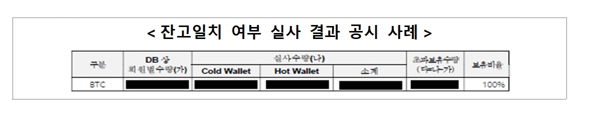 ▲가상자산 잔고 일치 여부 실사 결과 사례 (금융위원회)
