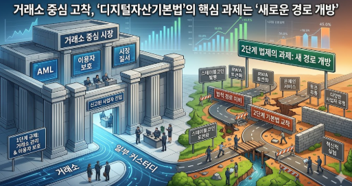 ▲거래소 중심 규제가 먼저 자리 잡고 2단계 법제가 지연되면서, 디지털자산 시장의 핵심 과제가 ‘새로운 사업 경로 개방’으로 옮겨가고 있다는 지적이 나온다. (Gemini)