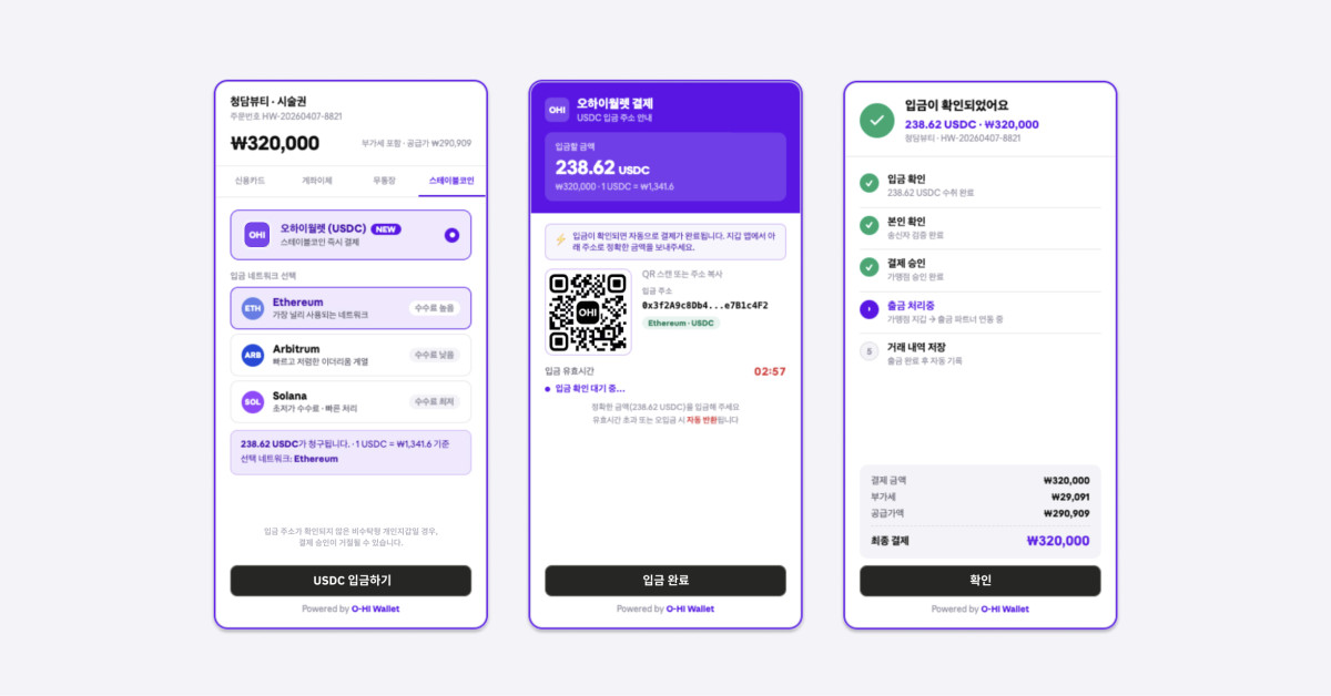 ▲오하이월렛 3.0 화면 예시. 가맹점은 오하이월렛을 통해 스테이블코인 결제와 입금 확인, 정산 절차를 처리할 수 있다. (사진제공=헥토월렛원)