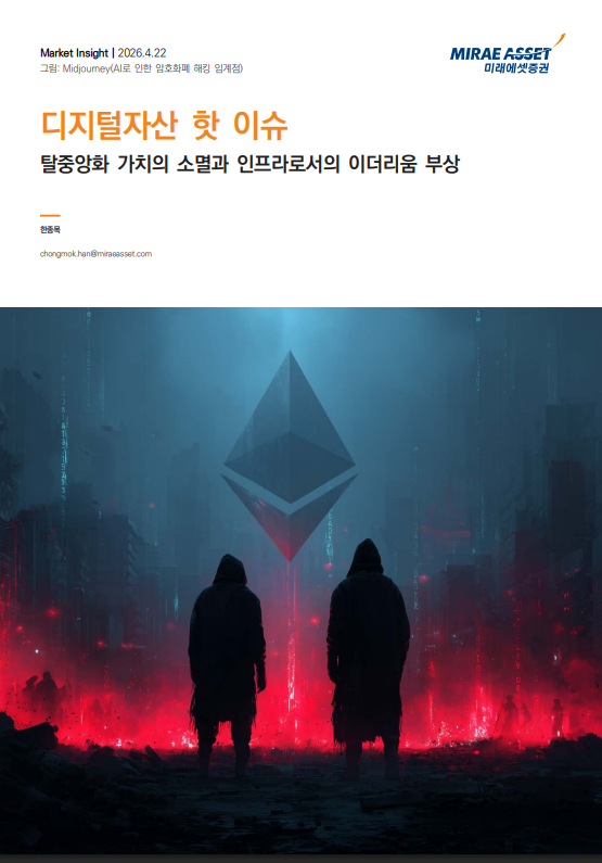 ▲미래에셋증권이 발간한 ‘탈중앙화 가치의 소멸과 인프라로서의 이더리움 부상’ 보고서 표지. (출처=미래에셋증권 리서치센터)